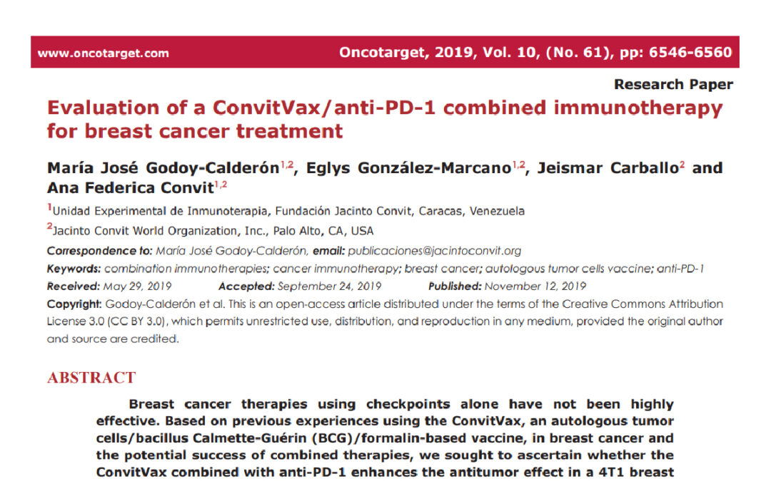 Evaluation of a ConvitVax/anti-PD-1 combined immunotherapy for breast cancer treatment